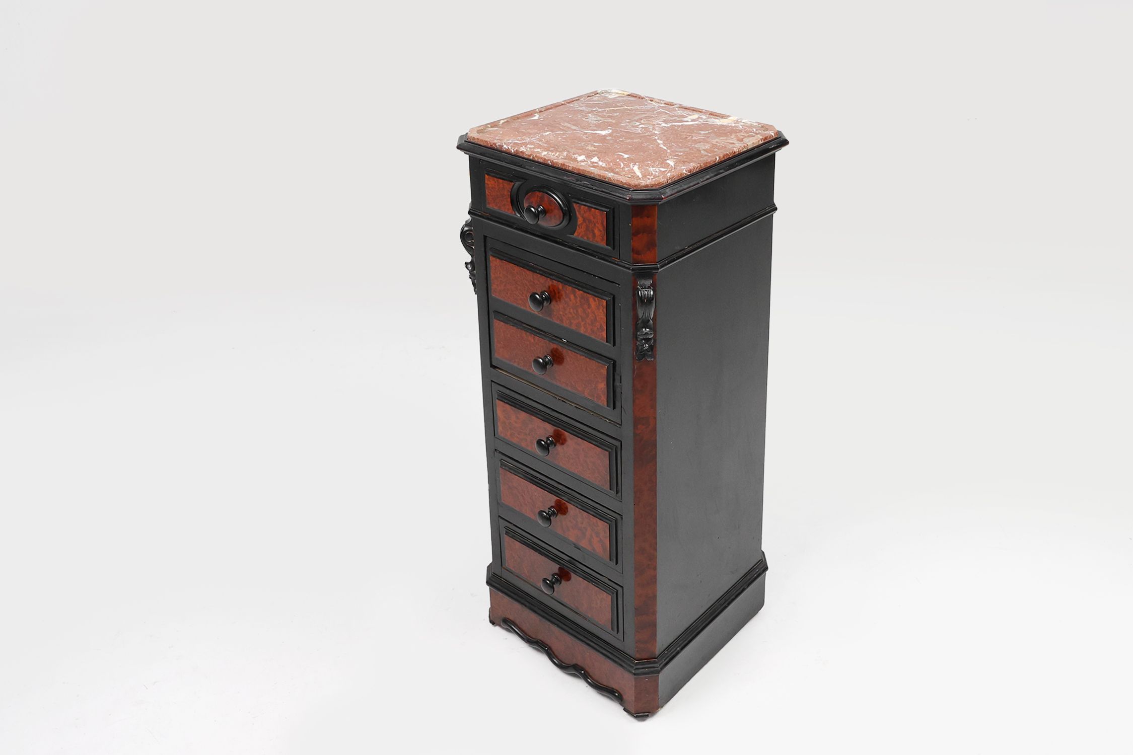 Rare Antique French chest of drawers in wood, burl veneer and marble, ca. 1850thumbnail
